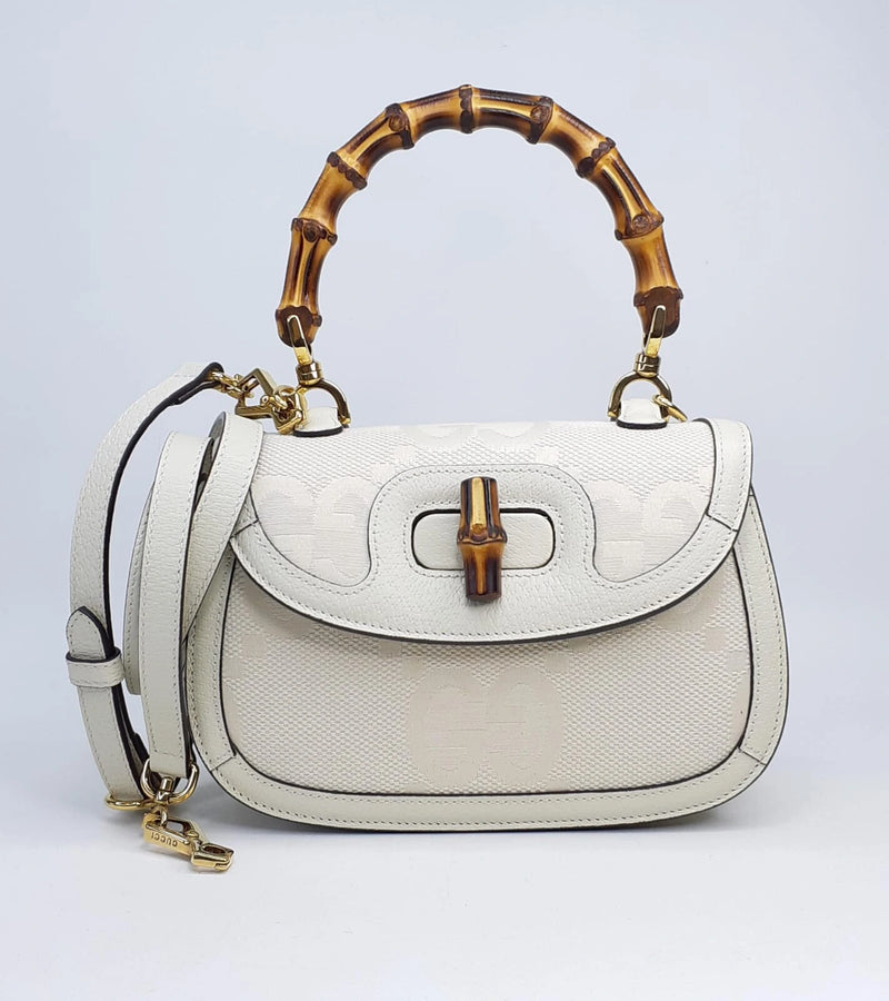 Bolsa Gucci Bamboo 1947 Small, Couro Tecido com Alça Longa, Off White